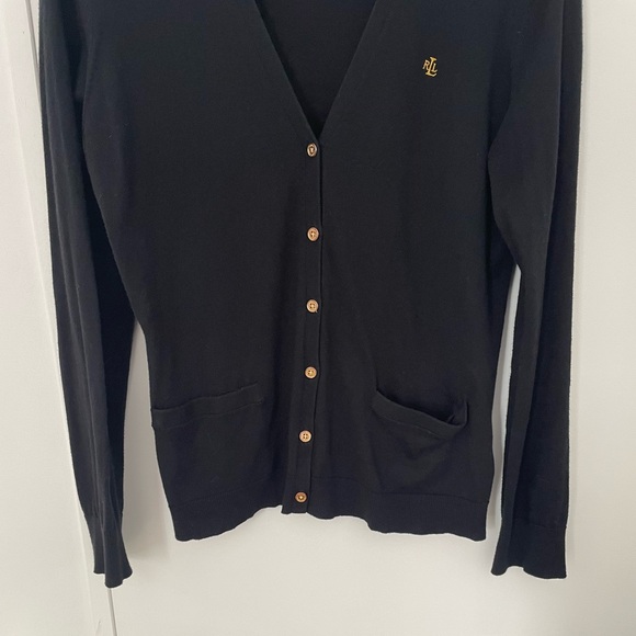 Lauren Ralph Lauren Classic Black Cardigan Size L Old money Quiet Luxury Cotton - Picture 2 of 8